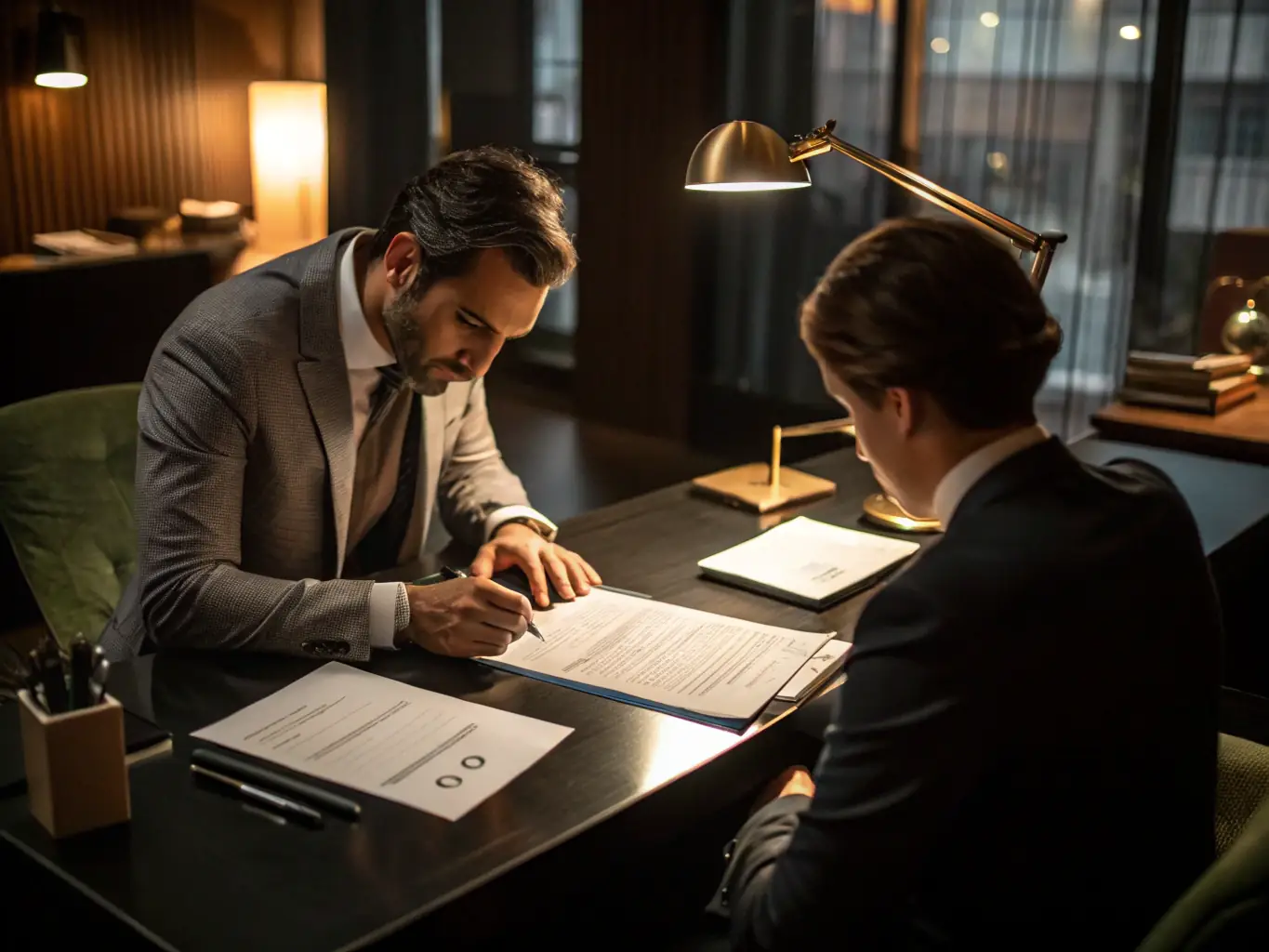 An image showing a secure digital registration process with legal documents and a professional consultant guiding a client, emphasizing the legal and secure aspects of registration.