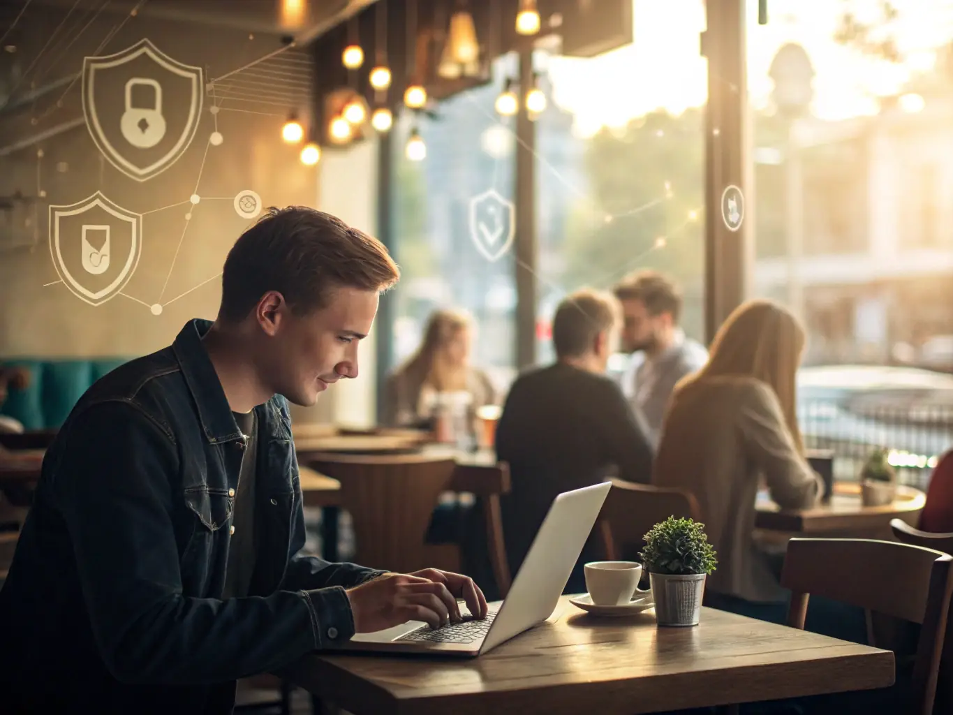 An image of a person using a laptop with a VPN icon, surrounded by digital security symbols, highlighting the security and privacy features.