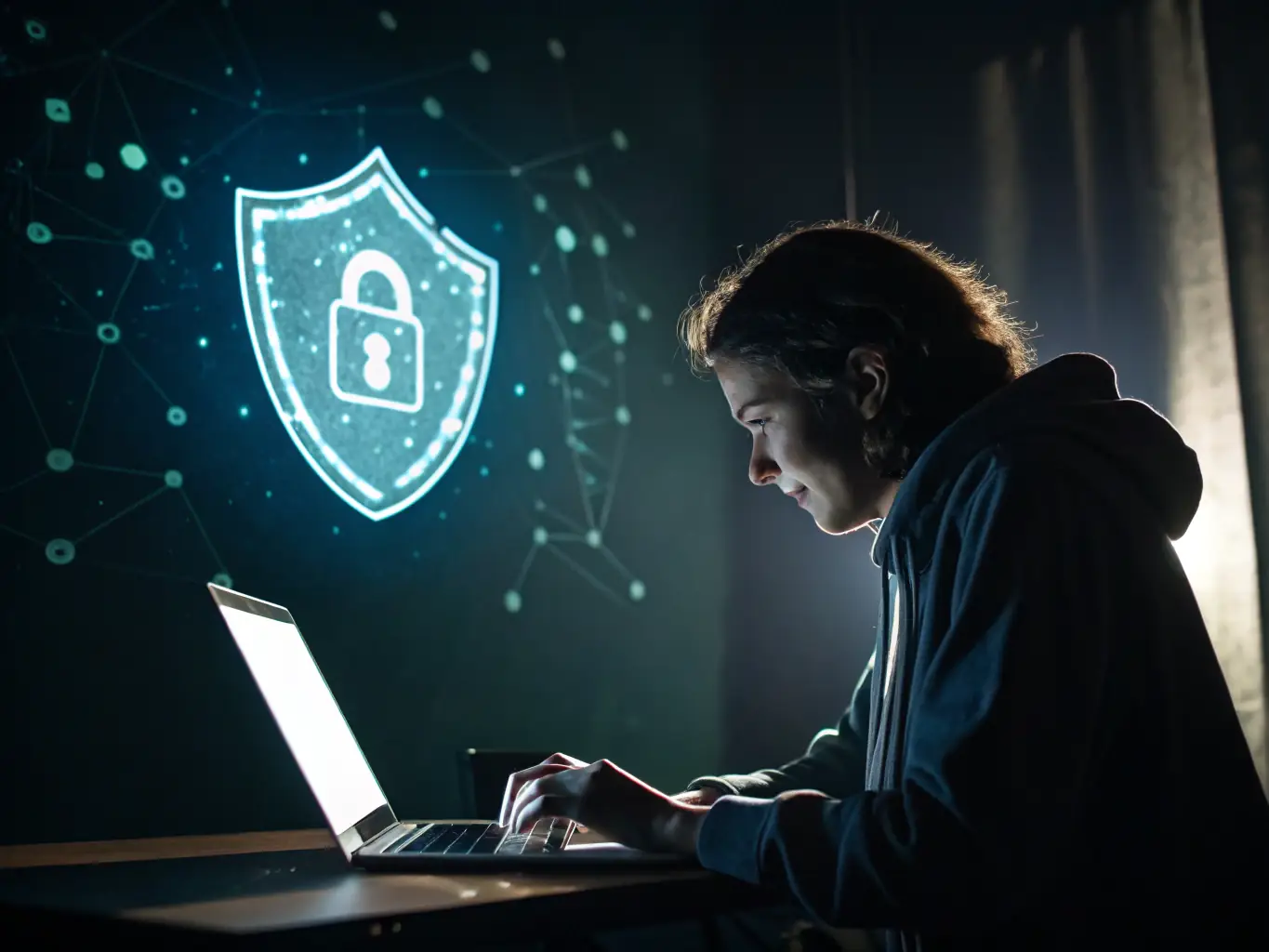 An image of a person using a laptop with a VPN icon, surrounded by digital security symbols, highlighting the security and privacy provided by VPN services.