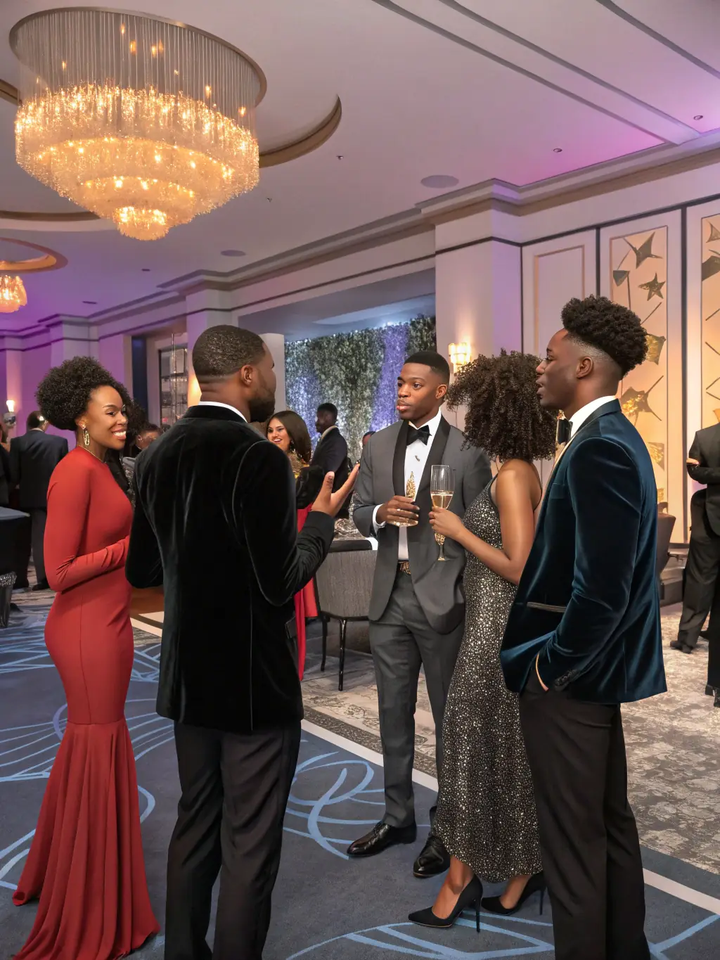 A group of sophisticated individuals in a private club setting, enjoying exclusive events and networking.